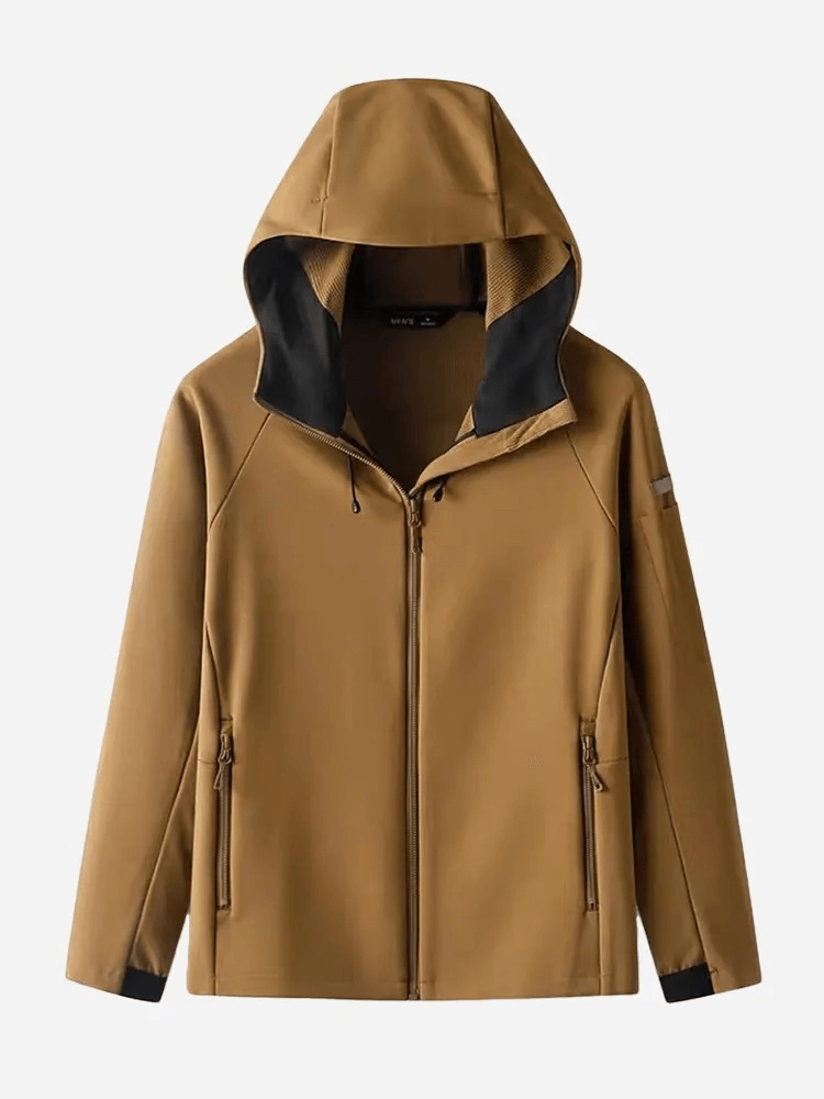 Casual waterproof men's zipper jacket with hood in brown, perfect for outdoor activities, featuring a sleek design and solid pattern.